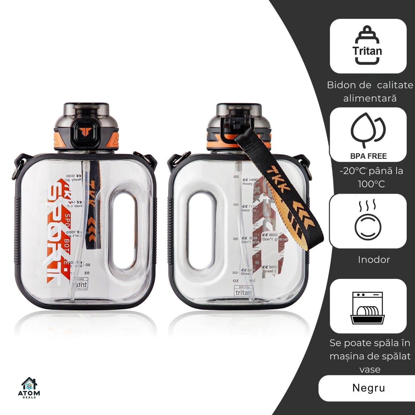 Sticlă sport 1000 ml ATOM DEALS®️, Tritan fără BPA, pai silicon, capac flip, curea