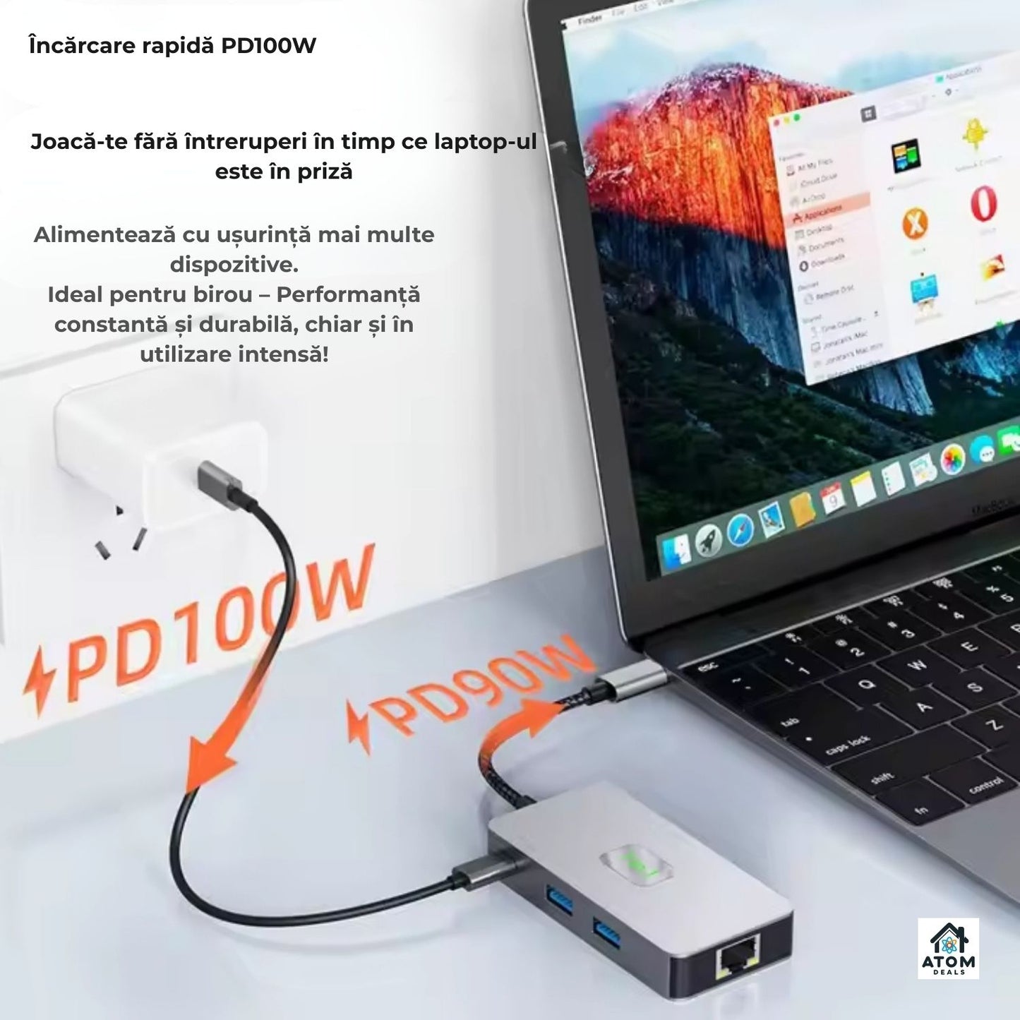 Hub USB-C 7 in 1 ATOM Deals®, gri deschis, PD 100W, HDMI 4K 60Hz, 2 x USB 3.2, Ethernet 2500Mbps , cititor SD TF, transfer ultra rapid, docking station aluminiu pentru laptop, MacBook, PC