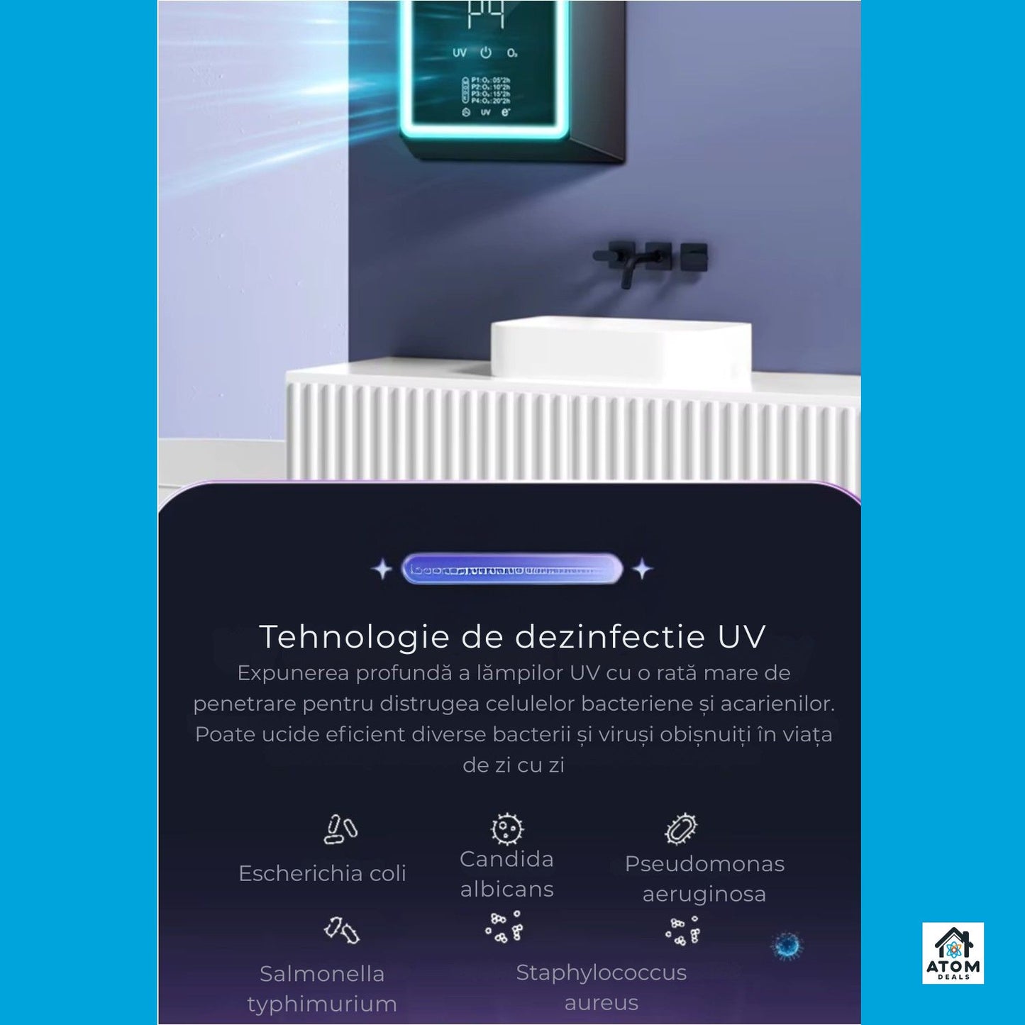 Purificator aer portabil ATOM Deals®, UV, ioni negativi, fără filtru, USB, 61 mp
