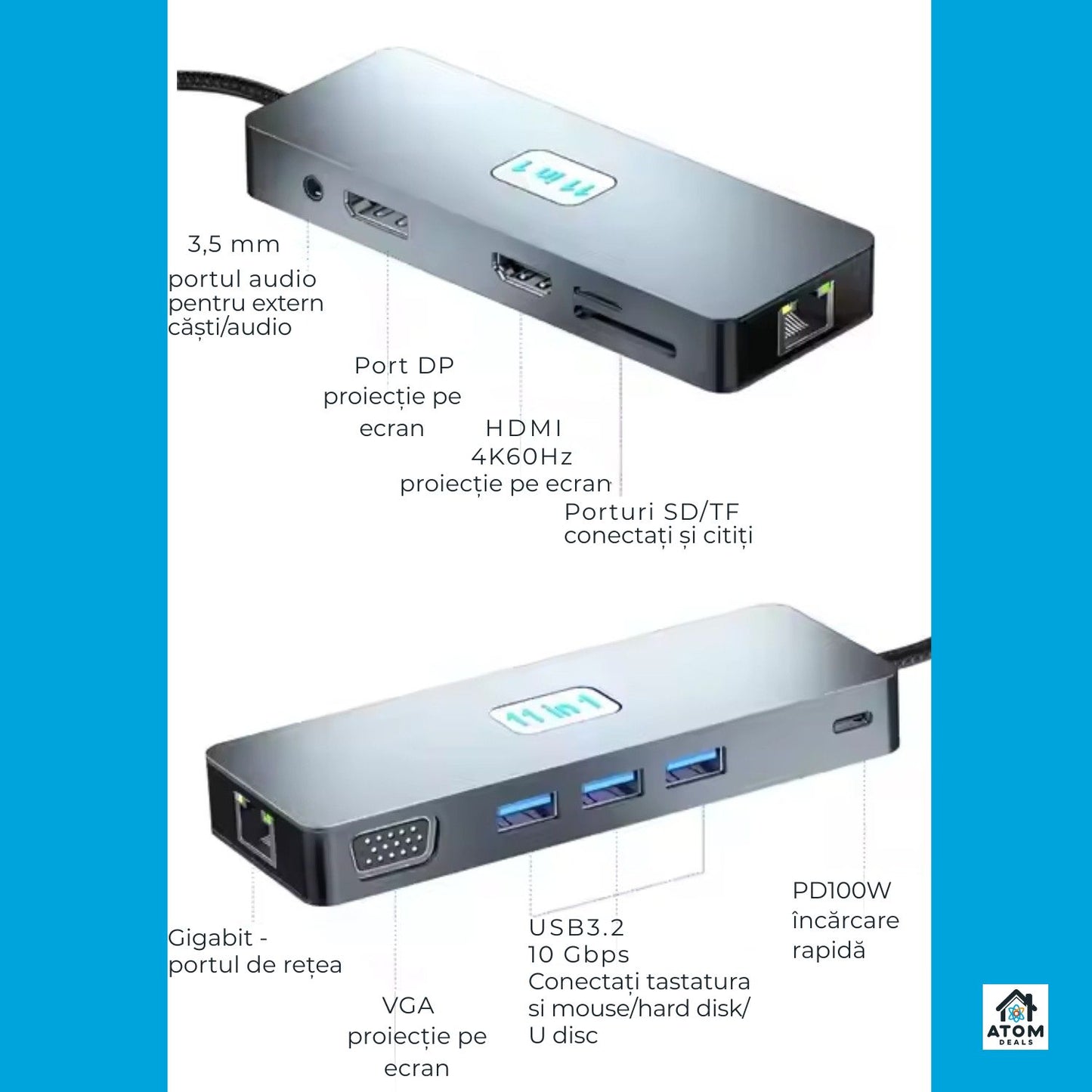 Hub USB-C 11 în 1, HDMI4K60Hz, VGA, USB3.0, PD100W, RJ45, SD TF, audio