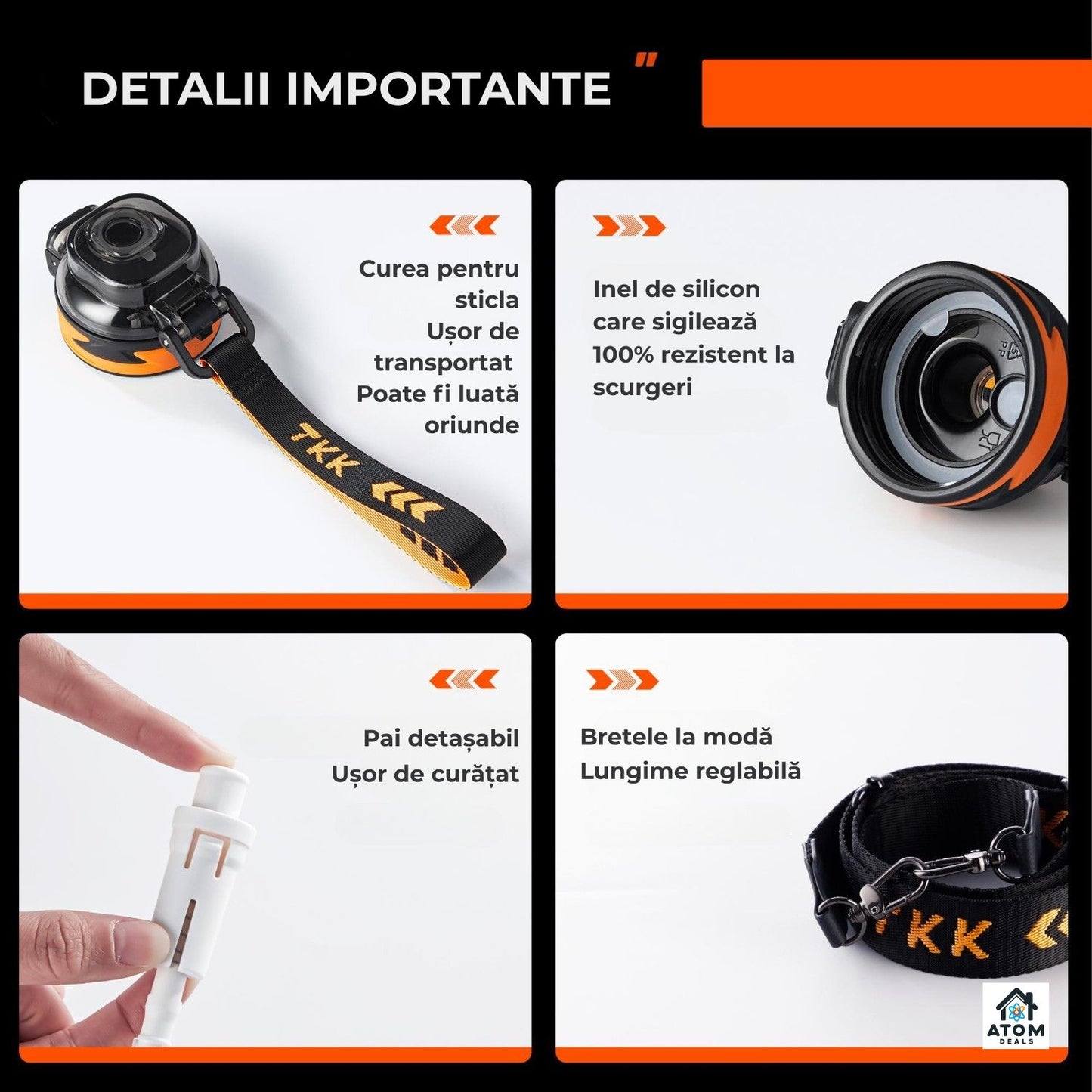 Sticlă sport 1000 ml ATOM DEALS®️, Tritan fără BPA, pai silicon, capac flip, curea