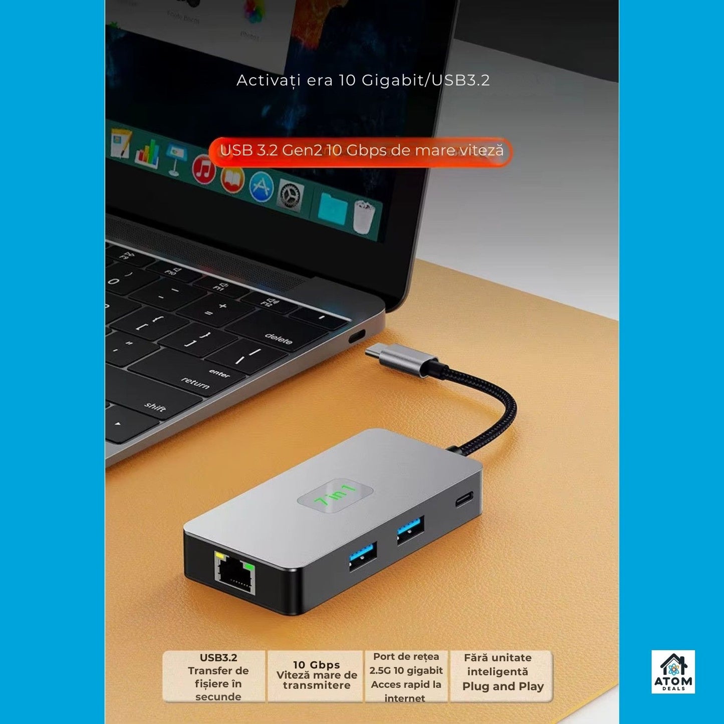 Hub USB-C 7 in 1 ATOM Deals®, gri deschis, PD 100W, HDMI 4K 60Hz, 2 x USB 3.2, Ethernet 2500Mbps , cititor SD TF, transfer ultra rapid, docking station aluminiu pentru laptop, MacBook, PC