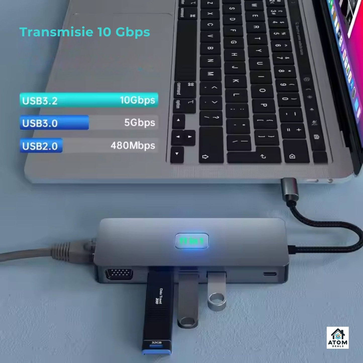 Hub USB-C 11 în 1, HDMI4K60Hz, VGA, USB3.0, PD100W, RJ45, SD TF, audio