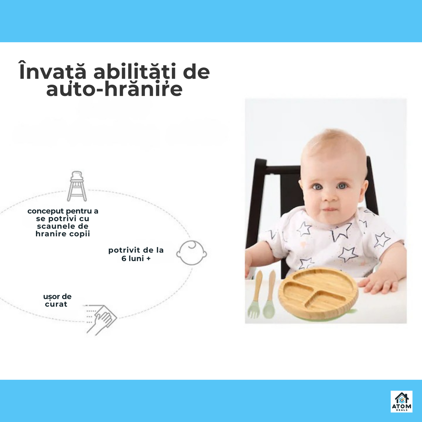 Set masă bebeluși din bambus – farfurie cu ventuză, tacâmuri silicon, bavetă