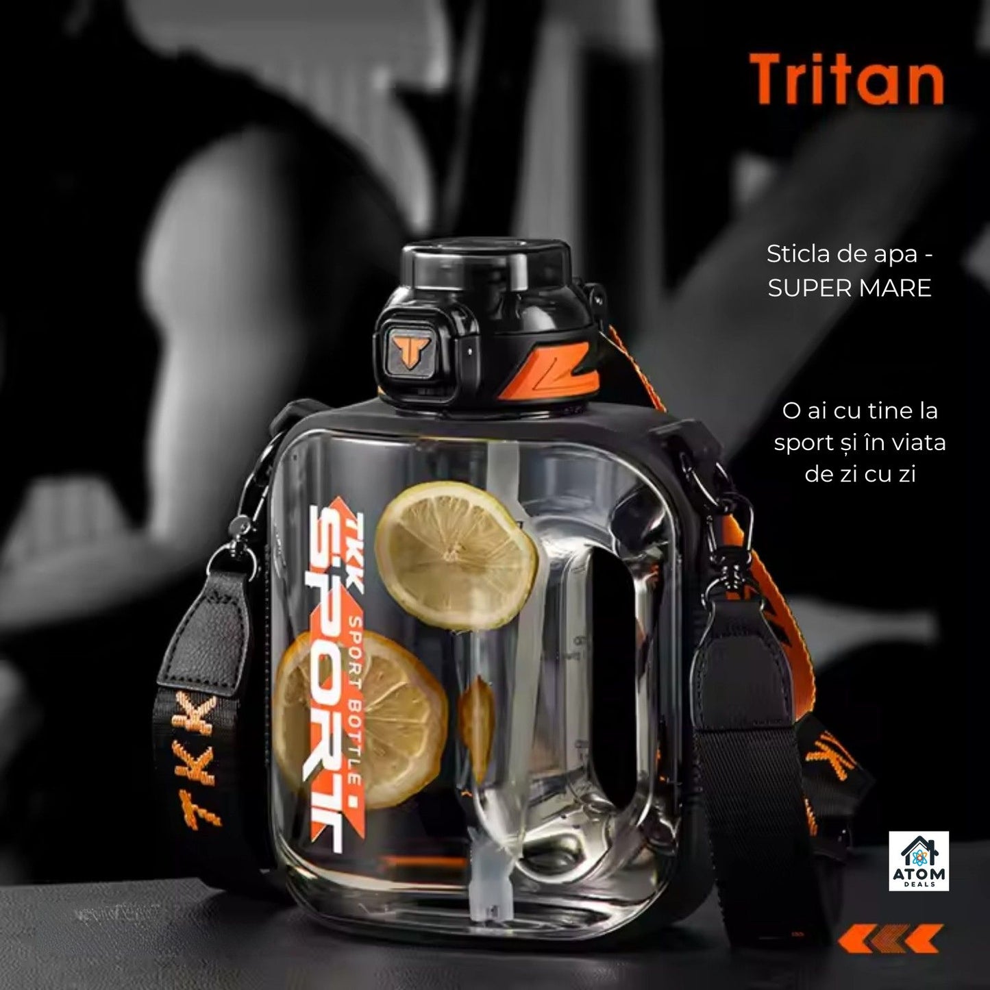 Sticlă sport 1000 ml ATOM DEALS®️, Tritan fără BPA, pai silicon, capac flip, curea