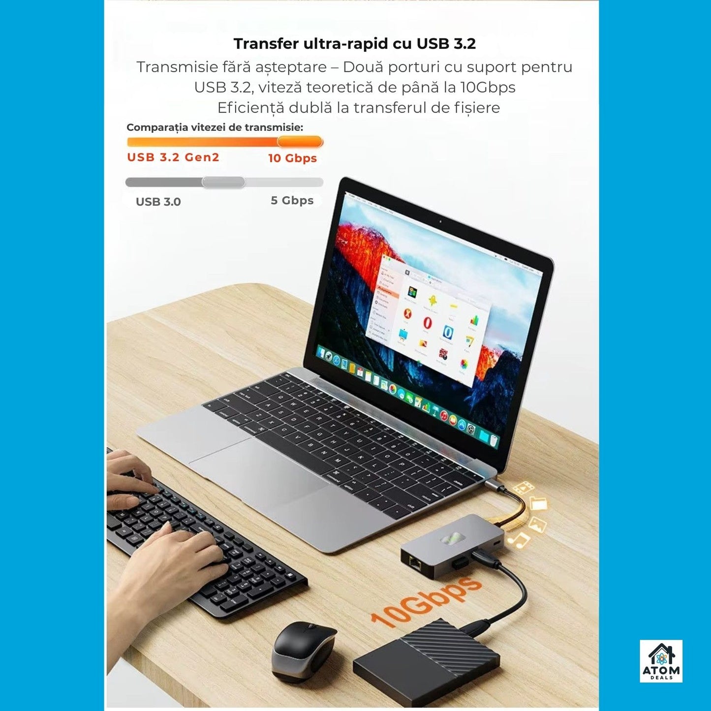 Hub USB-C 7 in 1 ATOM Deals®, gri deschis, PD 100W, HDMI 4K 60Hz, 2 x USB 3.2, Ethernet 2500Mbps , cititor SD TF, transfer ultra rapid, docking station aluminiu pentru laptop, MacBook, PC