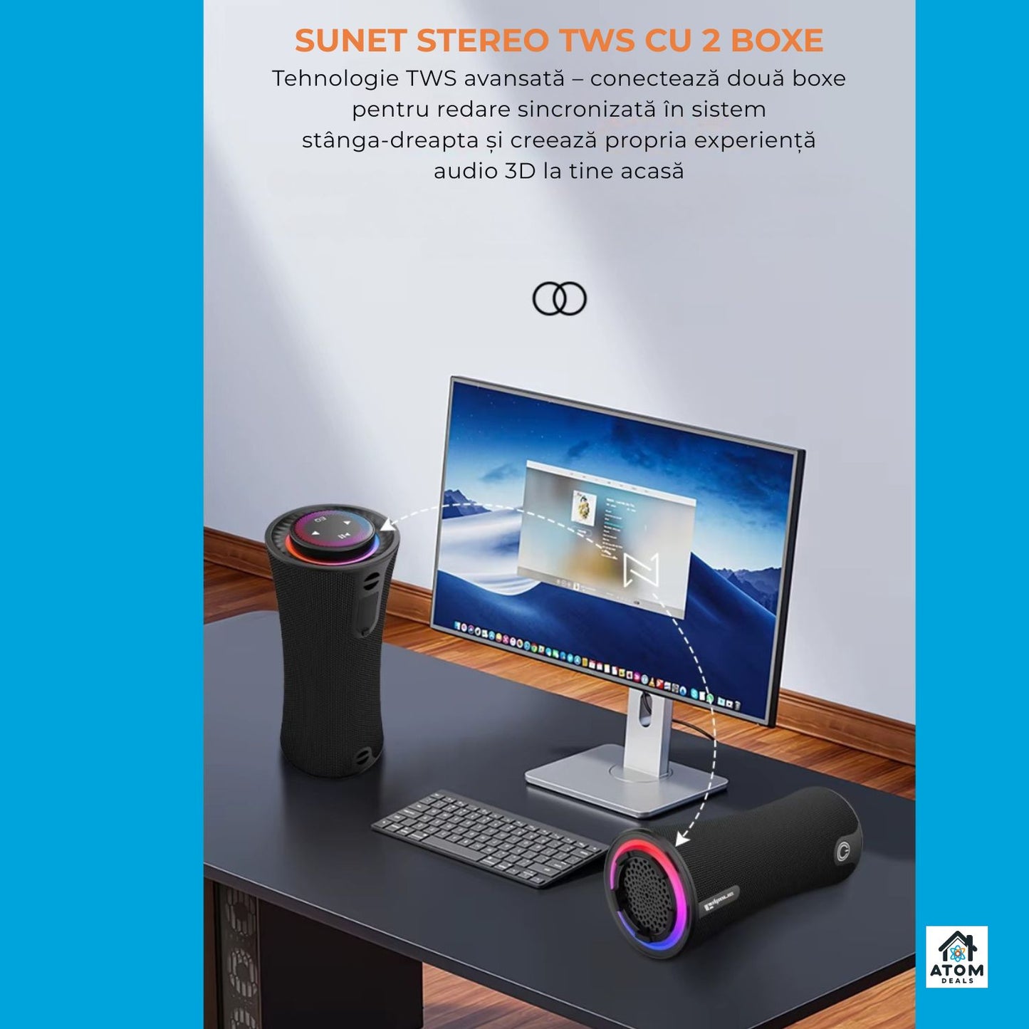 Boxă portabilă ATOM Deals®, 80W, 2.1 stereo, bass reflex, Bluetooth 5.3, LED, IPX5