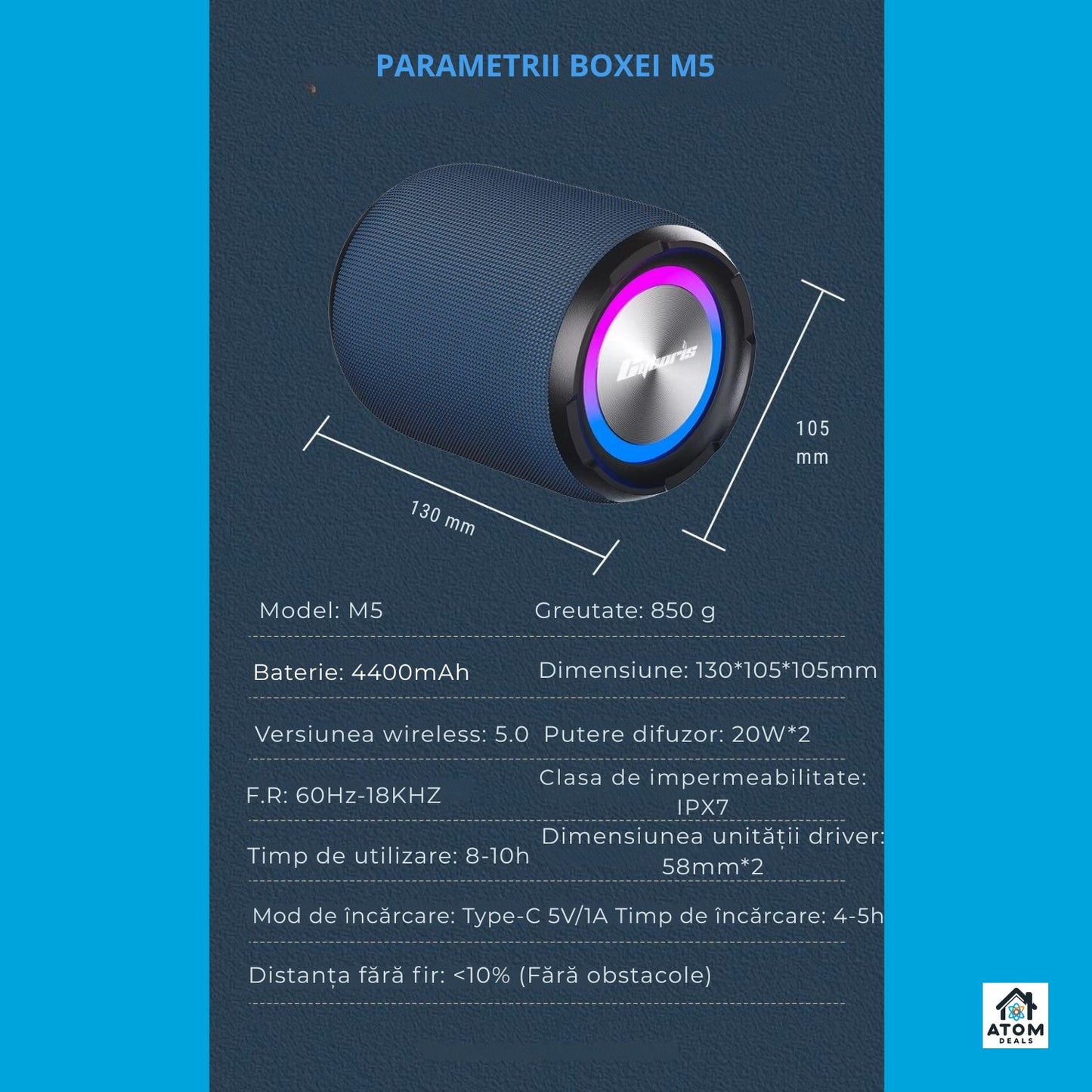 Boxa portabila 40W waterproof IPX7, Bluetooth, LED RGB, 10h