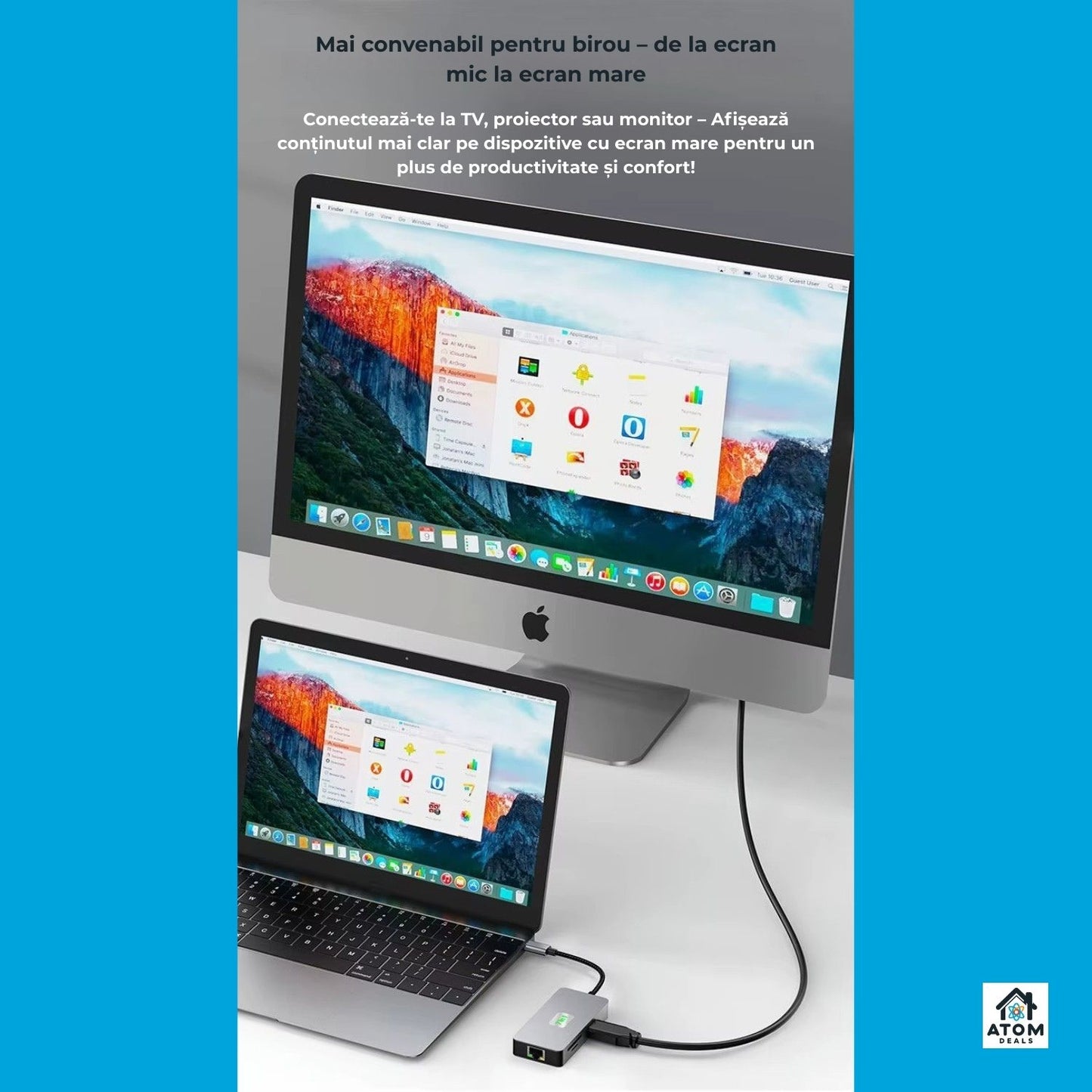Hub USB-C 7 in 1 ATOM Deals®, gri deschis, PD 100W, HDMI 4K 60Hz, 2 x USB 3.2, Ethernet 2500Mbps , cititor SD TF, transfer ultra rapid, docking station aluminiu pentru laptop, MacBook, PC