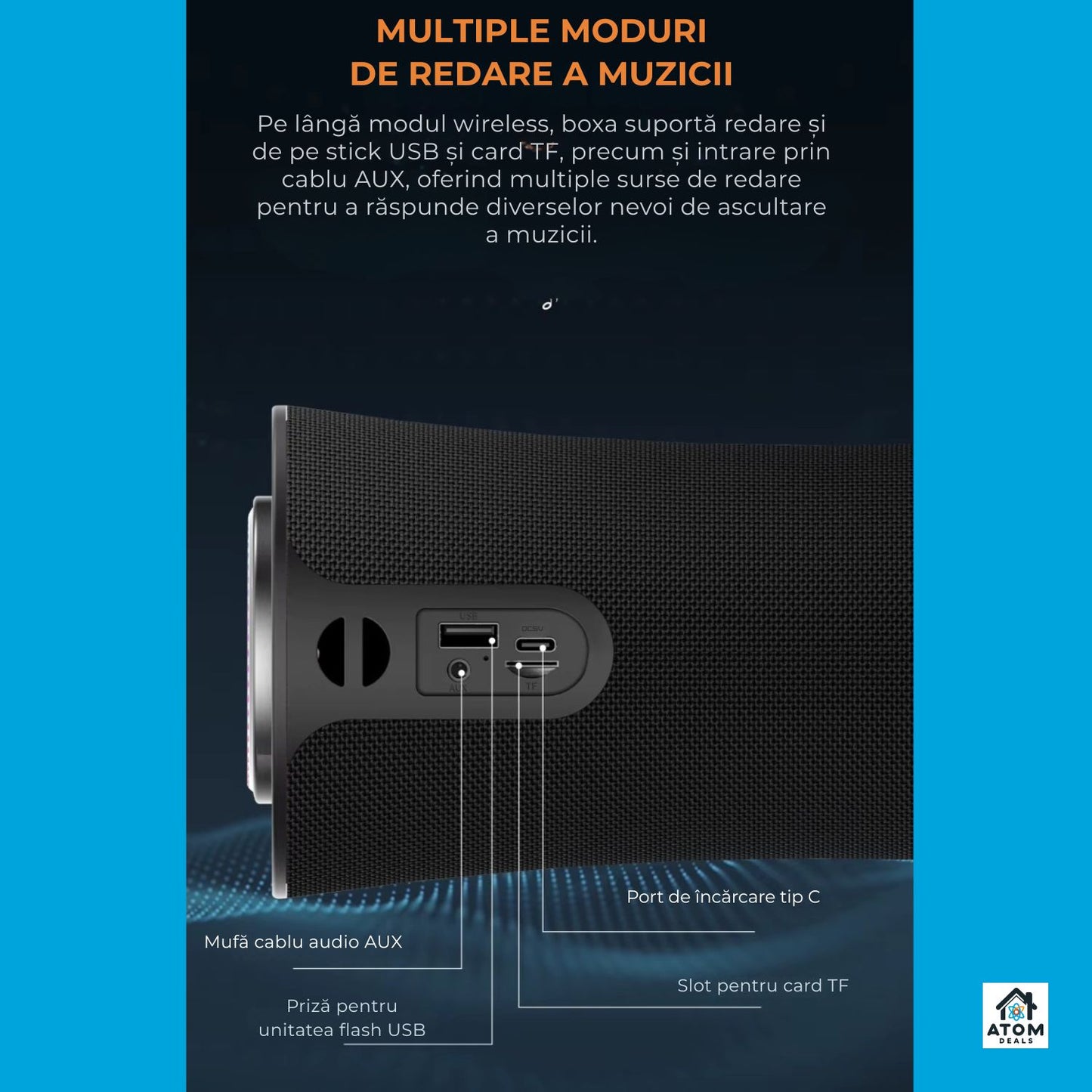 Boxă portabilă ATOM Deals®, 80W, 2.1 stereo, bass reflex, Bluetooth 5.3, LED, IPX5