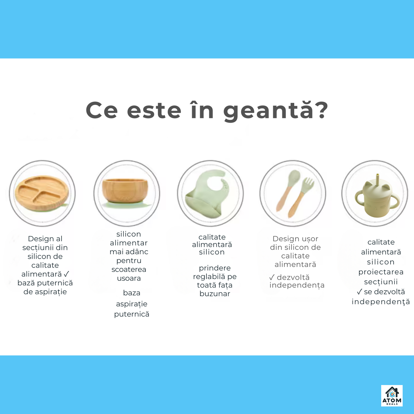 Set masă bebeluși din bambus – farfurie cu ventuză, tacâmuri silicon, bavetă