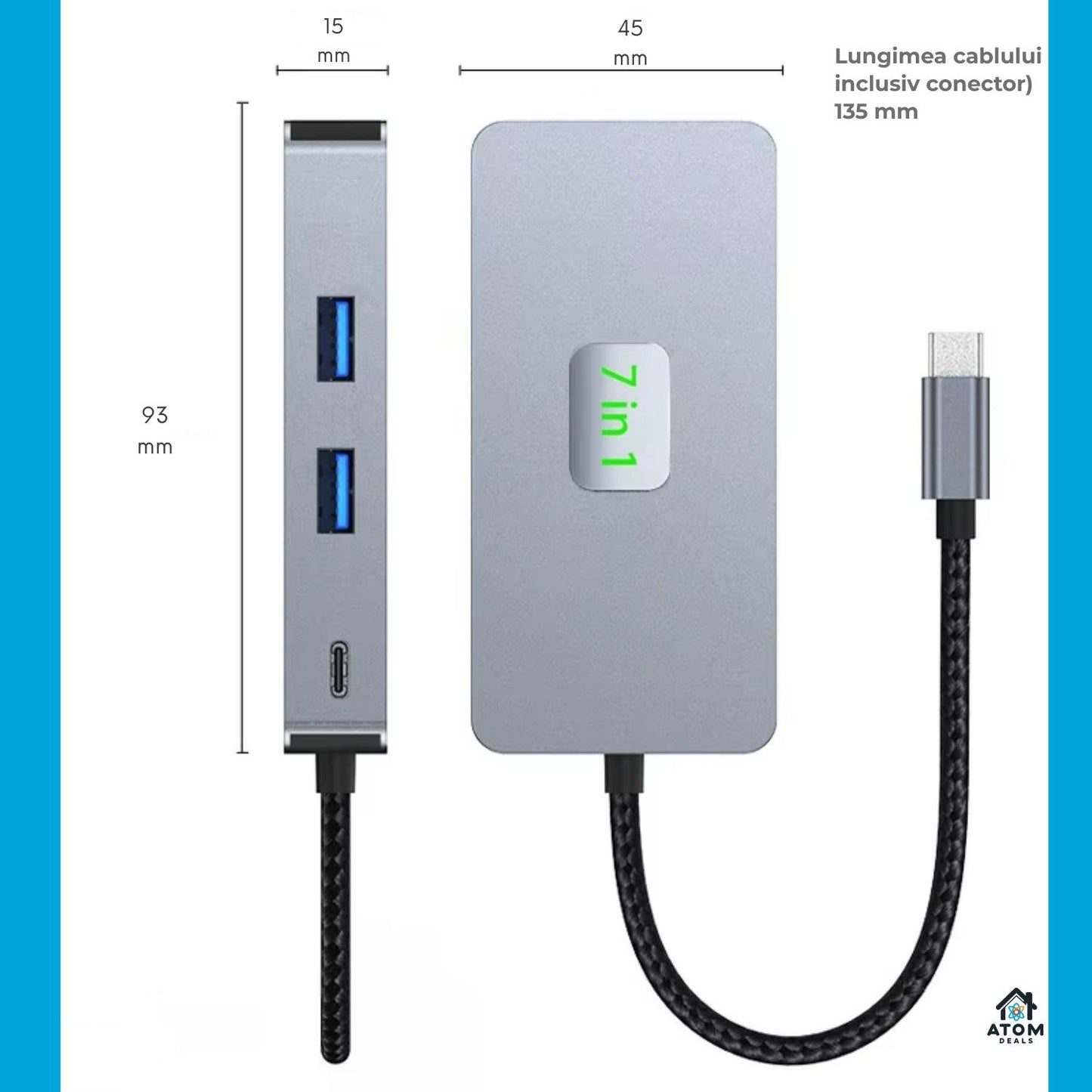 Hub USB-C 7 in 1 ATOM Deals®, gri deschis, PD 100W, HDMI 4K 60Hz, 2 x USB 3.2, Ethernet 2500Mbps , cititor SD TF, transfer ultra rapid, docking station aluminiu pentru laptop, MacBook, PC