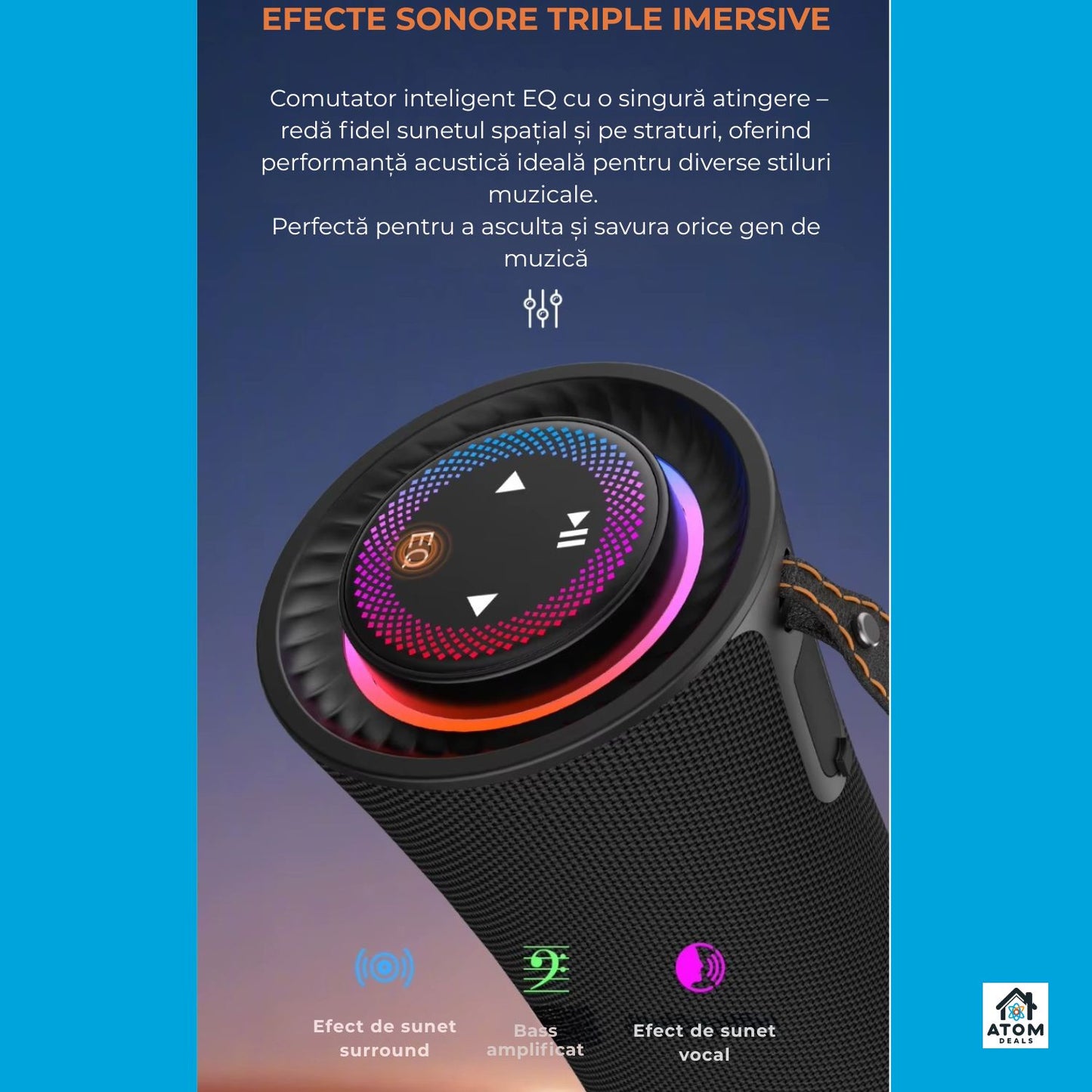 Boxă portabilă ATOM Deals®, 80W, 2.1 stereo, bass reflex, Bluetooth 5.3, LED, IPX5