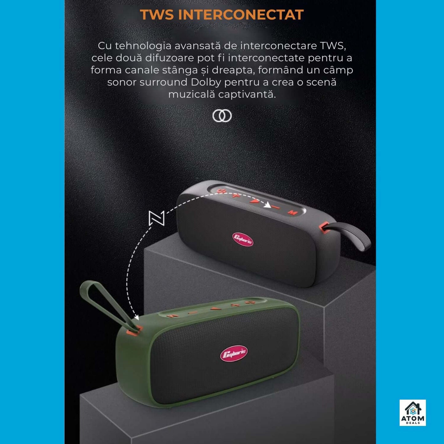 Boxă portabilă ATOM Deals®, 40W waterproof IPX7, Bluetooth5.4, 20h autonomie, USB-C