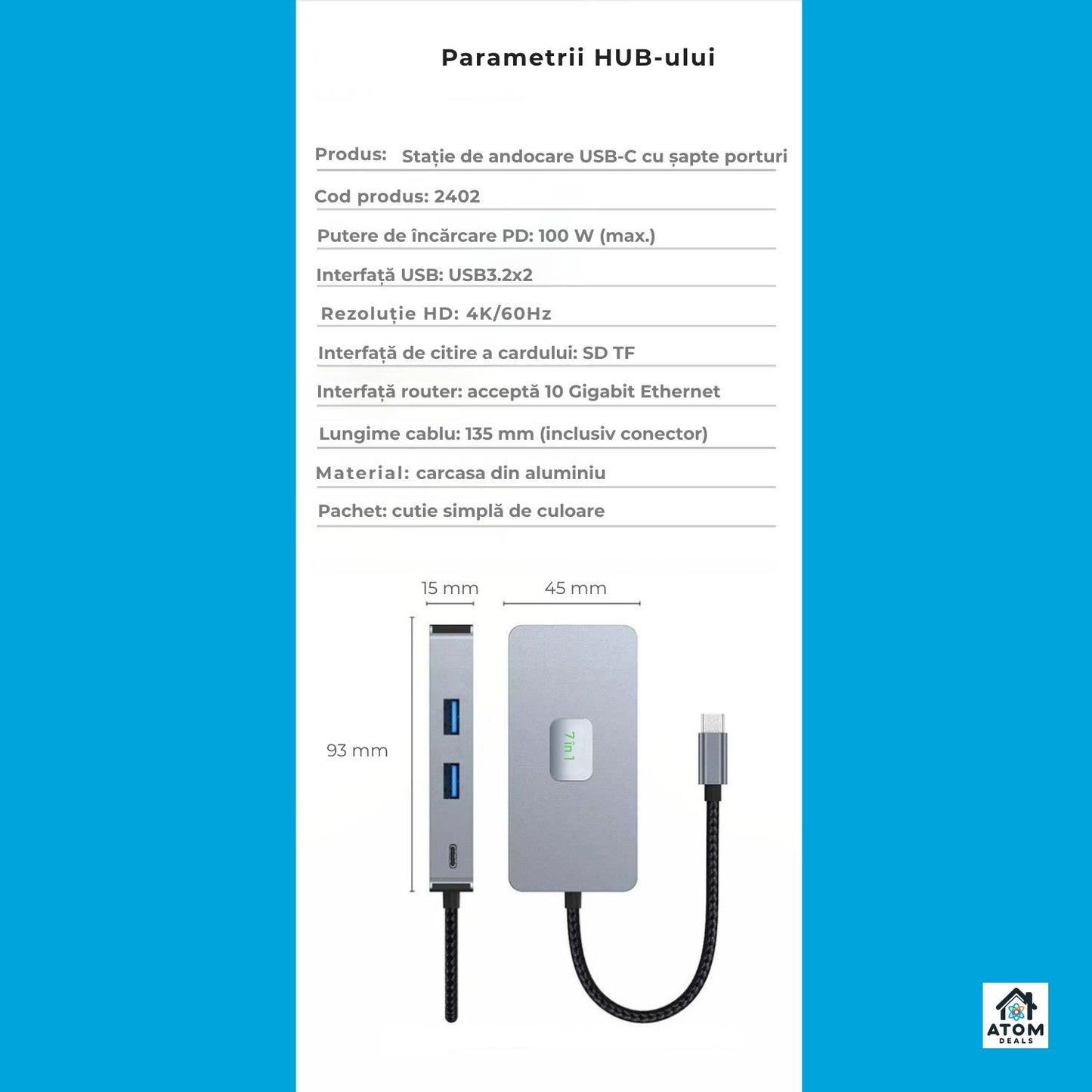 Hub USB-C 7 in 1 ATOM Deals®, gri deschis, PD 100W, HDMI 4K 60Hz, 2 x USB 3.2, Ethernet 2500Mbps , cititor SD TF, transfer ultra rapid, docking station aluminiu pentru laptop, MacBook, PC