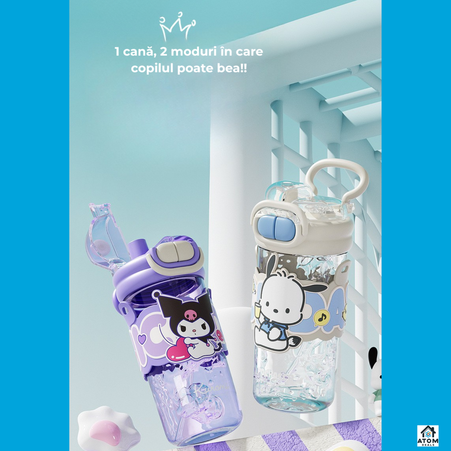 Sticla de apa pentru copii ATOM Deals® design Kuromi, 650 ml, tritan, sistem dublu de baut, rezistenta la cadere, inchidere etansa 360°, material tritan ecologic, BPA-Free, sistem pentru transportat