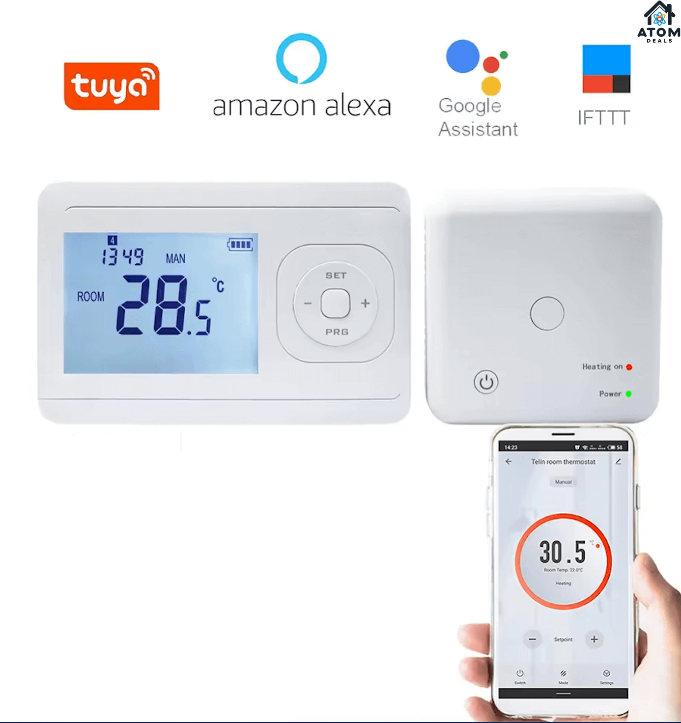 Termostat wireless WiFi compatibil Smart Life/Tuya, alb ATOM Deals®, cu receptor, programabil, display LCD, control temperatura 5°C–30°C, precizie ±0.5°C, compatibil apartamente, vile, hoteluri