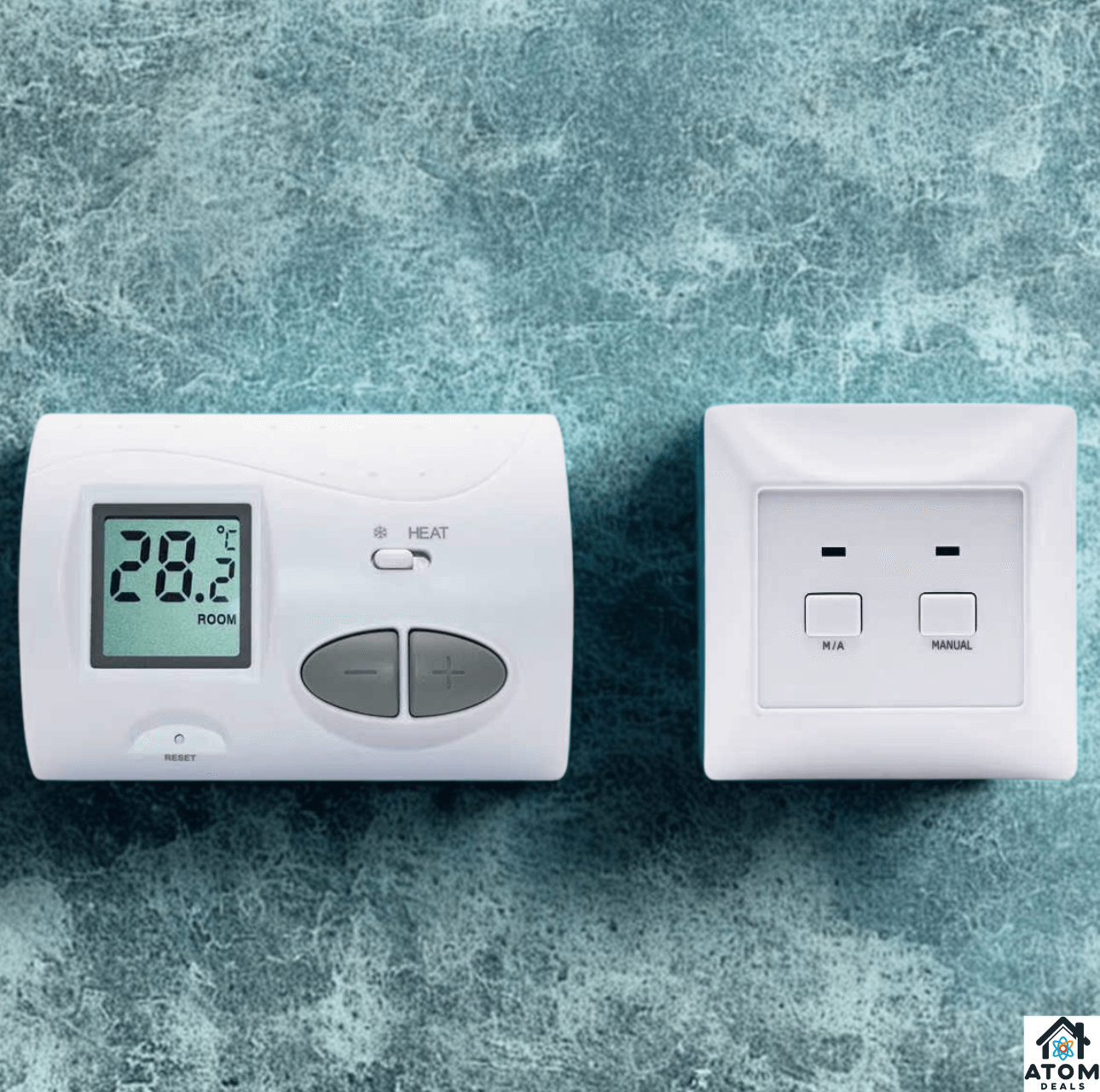 Termostat wireless RF ATOM Deals®, alb, cu receptor, ecran LCD iluminat, control temperatura 5-35 °C, precizie ±0.5 °C ATOM Deals
