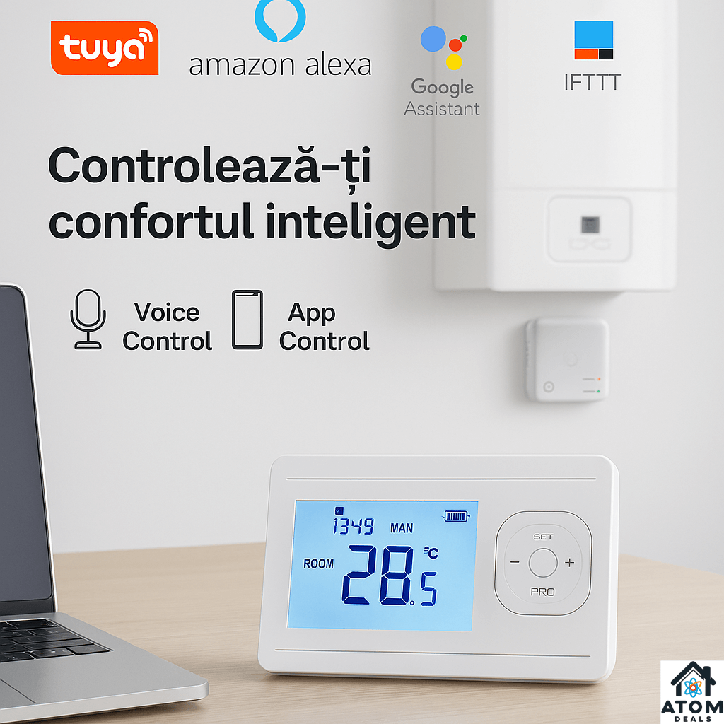 Termostat wireless WiFi compatibil Smart Life/Tuya, alb ATOM Deals®, cu receptor, programabil, display LCD, control temperatura 5°C–30°C, precizie ±0.5°C, compatibil apartamente, vile, hoteluri ATOM Deals