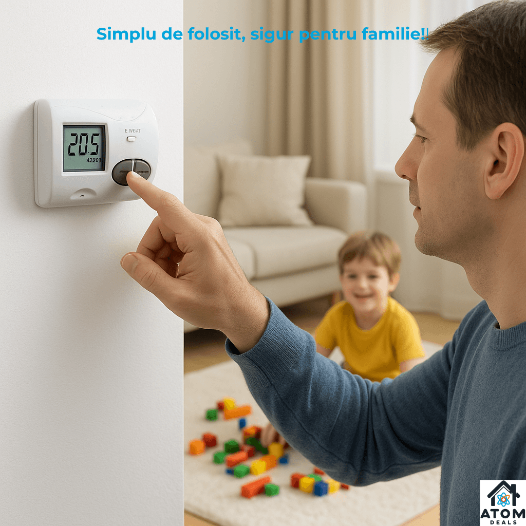 Termostat wireless RF ATOM Deals®, alb, cu receptor, ecran LCD iluminat, control temperatura 5-35 °C, precizie ±0.5 °C