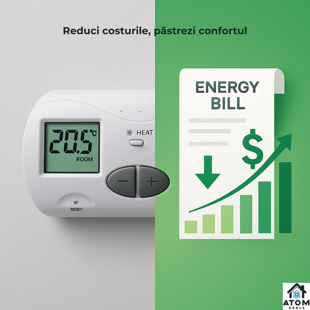 Termostat wireless RF ATOM Deals®, alb, cu receptor, ecran LCD iluminat, control temperatura 5-35 °C, precizie ±0.5 °C