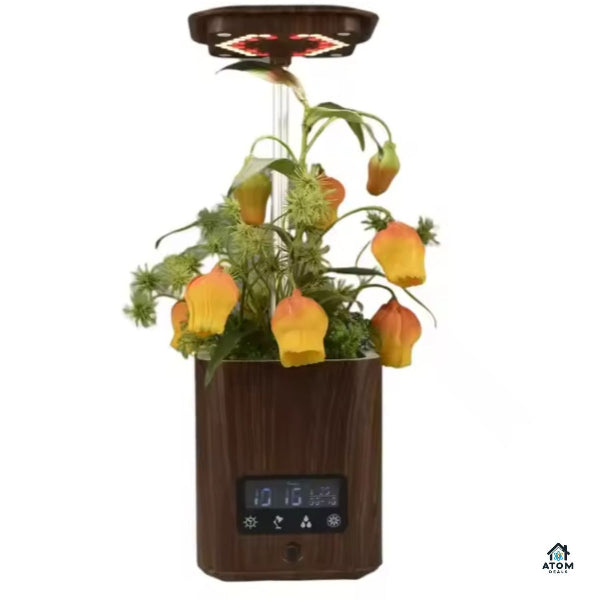 Lampa LED, ghiveci inteligent ATOM Deals® cu sistem de crestere hidroponica, pentru plante si birou, umidificator, purificator, ioni negativi, difuzor Bluetooth, ceas digital, culoare maro lemn ATOM Deals
