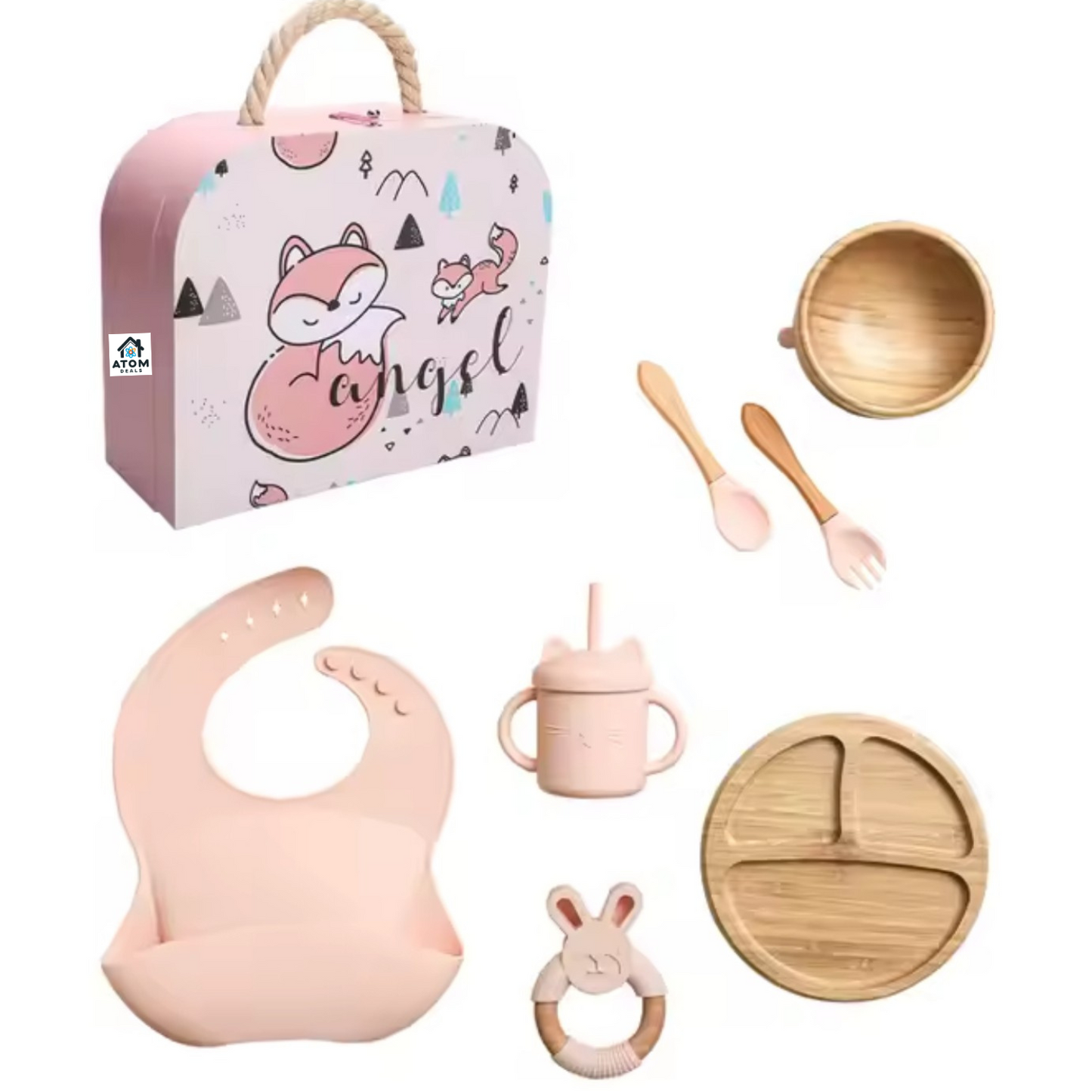 Set unisex de masa pentru bebelusi ATOM DEALS®️, din bambus natural, farfurie compartimentata cu baza antialunecare, bol cu ventuza, lingura si furculita din silicon alimentar, baveta silicon, ecologic, perfect pentru Baby-Led Weaning, roz