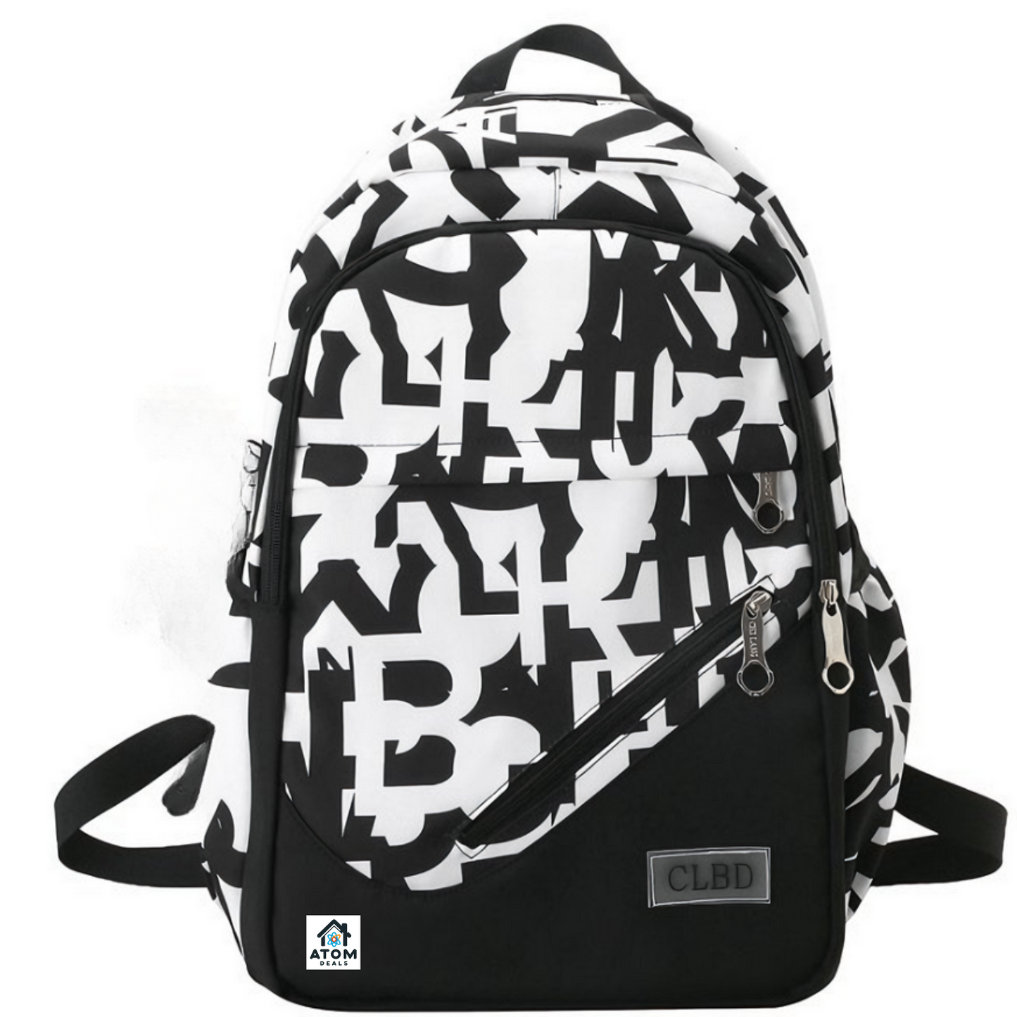 Rucsac modern unisex ATOM DEALS®️, negru cu litere albe, perfect pentru scoala si serviciu, 43x31x15cm, 430g, bretele ajustabile, compartiment laptop 15", 3 buzunare incapatoare, buzunare laterale, fermoare functionale, ideal pentru utilizare zilnica