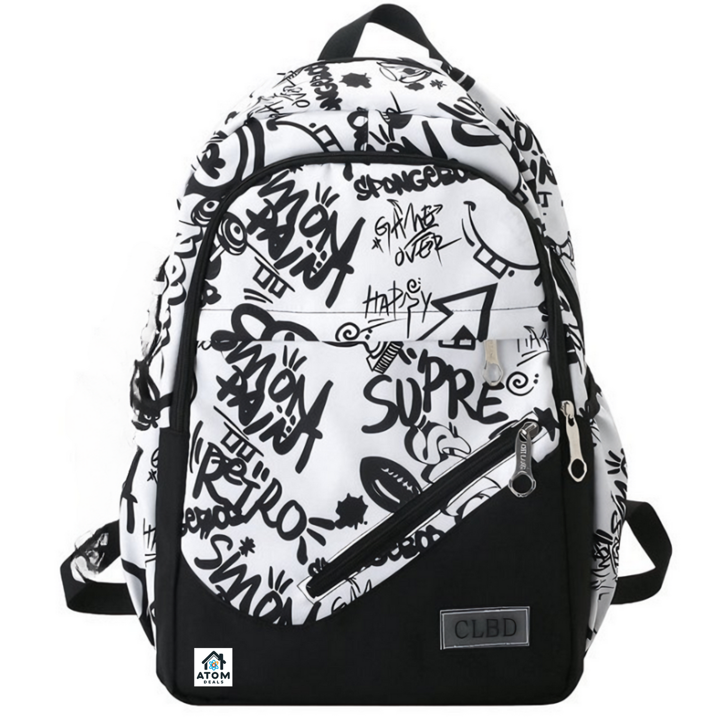 Rucsac modern unisex ATOM DEALS®️, negru cu litere albe, perfect pentru scoala si serviciu, 43x31x15cm, 430g, bretele ajustabile, compartiment laptop 15", 3 buzunare incapatoare, buzunare laterale, fermoare functionale, ideal pentru utilizare zilnica