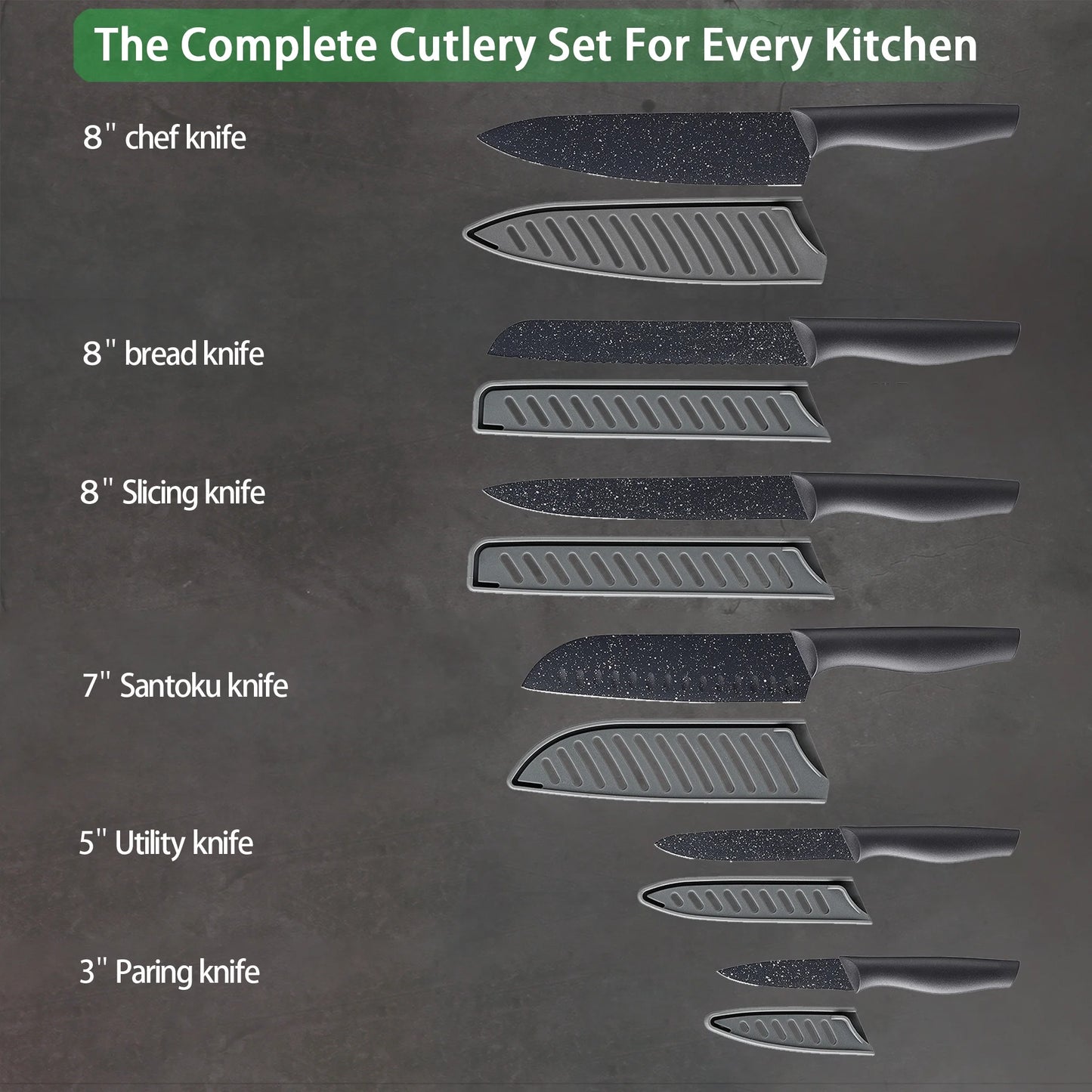 Knife Set,  12-Piece Granite Kitchen Knife Set, High Carbon German Stainless Steel Knives Set with Blade Guards, Non-Stick Coating, Ultra Sharp, Dishwasher Safe