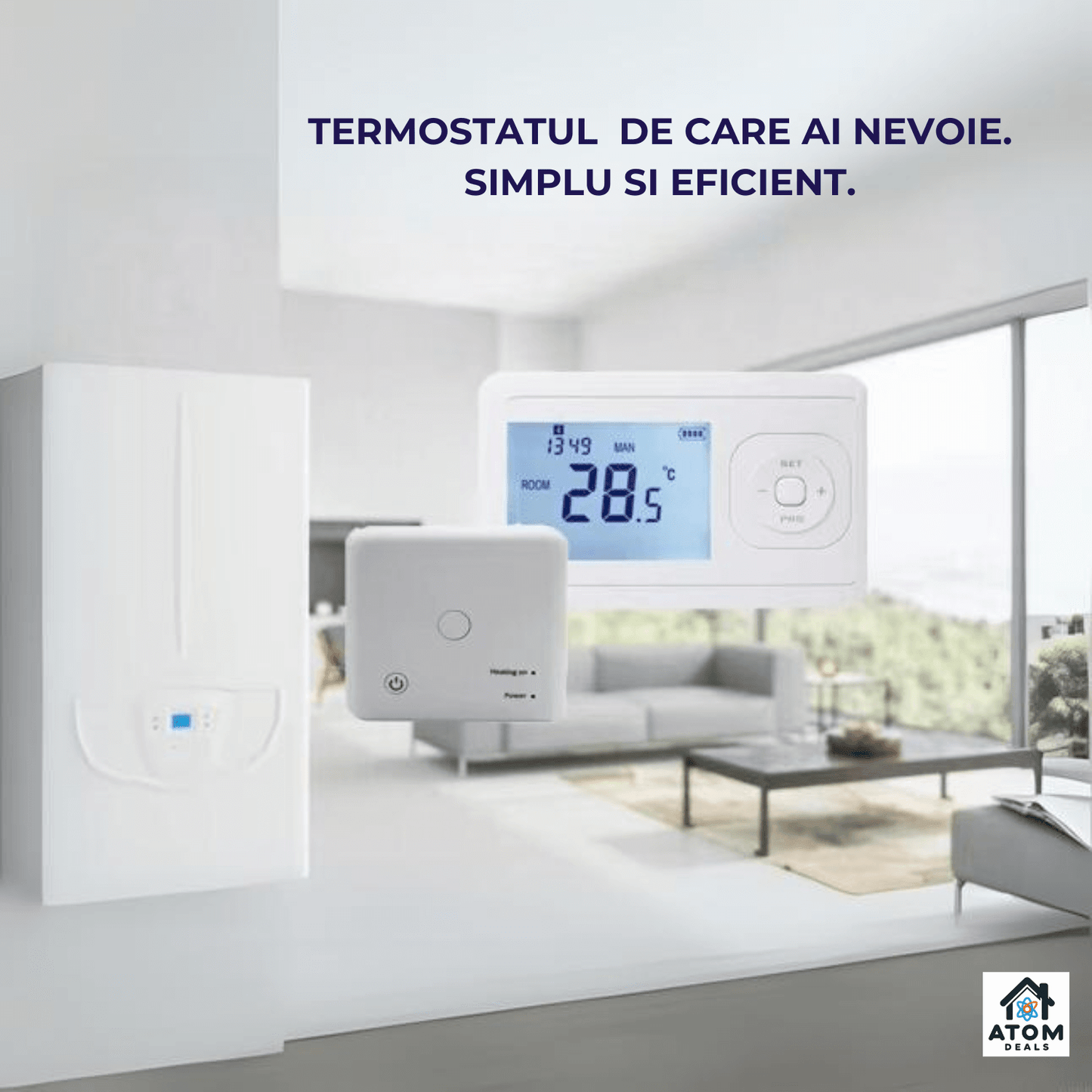 Termostat Wireless ATOM DEALS®️, control temperatura pentru sistem incalzire centrala gaz, programabil saptamanal,montaj pe perete, control temperatura, AC220V, 10A, alimentare cu 2 Baterii AA, ideal pentru apartament, hotel, birou, alb