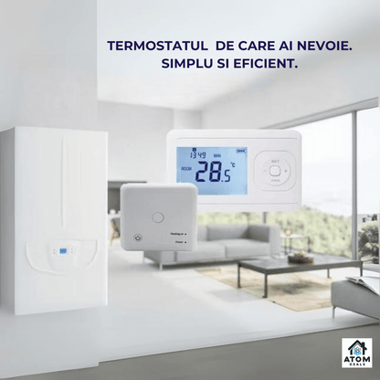 Termostat Wireless ATOM DEALS®️, control temperatura pentru sistem incalzire centrala gaz, programabil saptamanal,montaj pe perete, control temperatura, AC220V, 10A, alimentare cu 2 Baterii AA, ideal pentru apartament, hotel, birou, alb