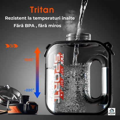 Sticlă sport 1000 ml Tritan fără BPA, pai silicon, capac flip, curea