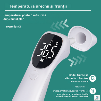 Termometru infrarosu digital 2in1 ATOM DEALS®️, frunte si ureche, pentru copii si adulti, masurare non-contact 1 secunda, precizie ±0.2°C, 32 memorii, afisaj LED, compact si usor, capac protectie, alb