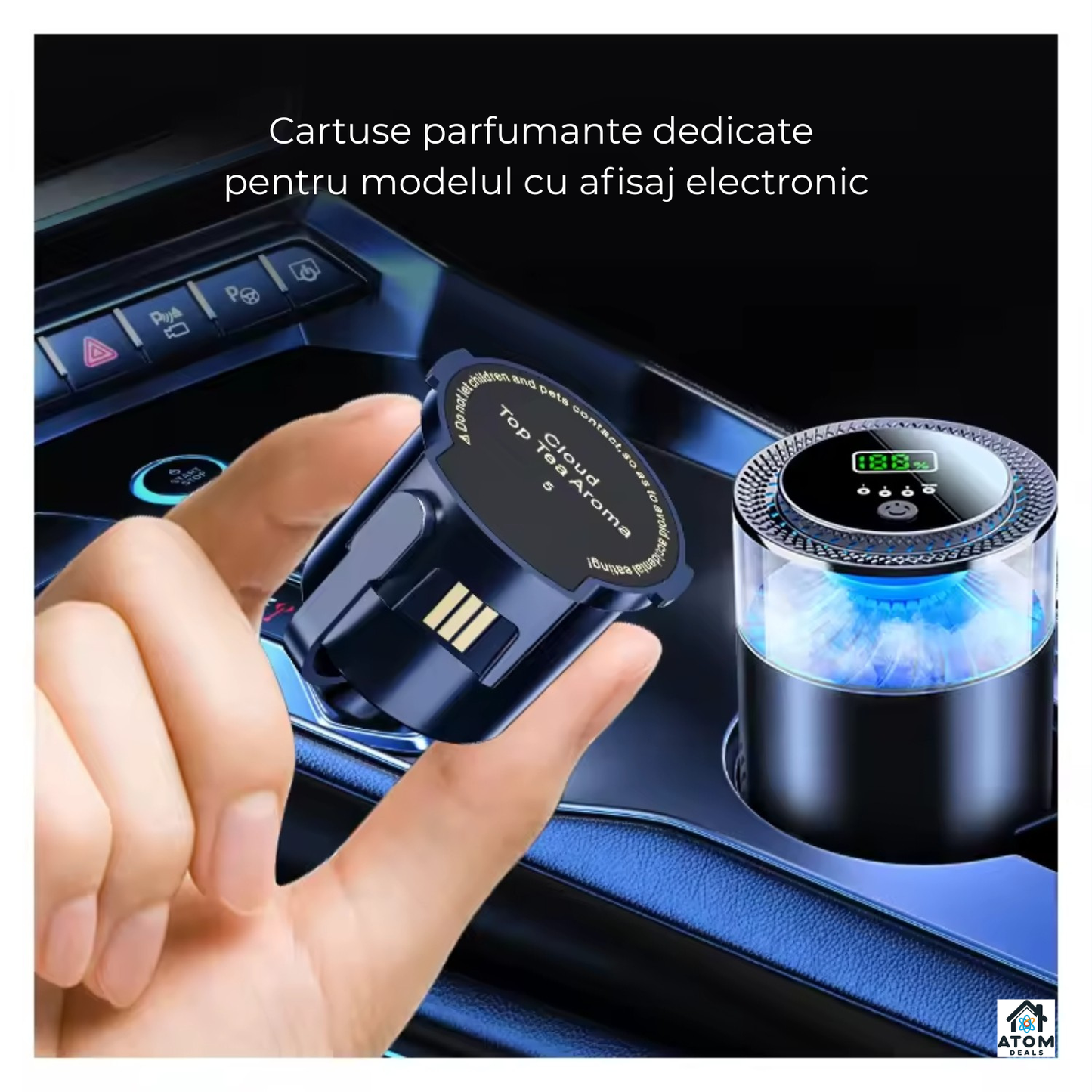 Odorizant auto premium negru, difuzor aromaterapie fara apa ATOM Deals®, reincarcabil type-C, LED ambient, super silentios, design metalic luxury 10 ml
