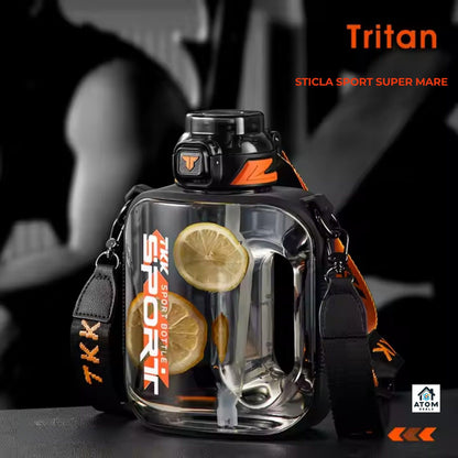 Sticlă sport 1000 ml Tritan fără BPA, pai silicon, capac flip, curea