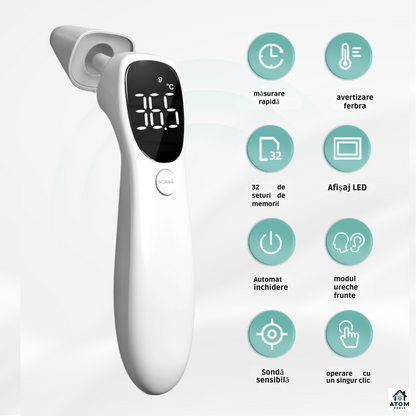 Termometru infrarosu digital 2in1 ATOM DEALS®️, frunte si ureche, pentru copii si adulti, masurare non-contact 1 secunda, precizie ±0.2°C, 32 memorii, afisaj LED, compact si usor, capac protectie, alb