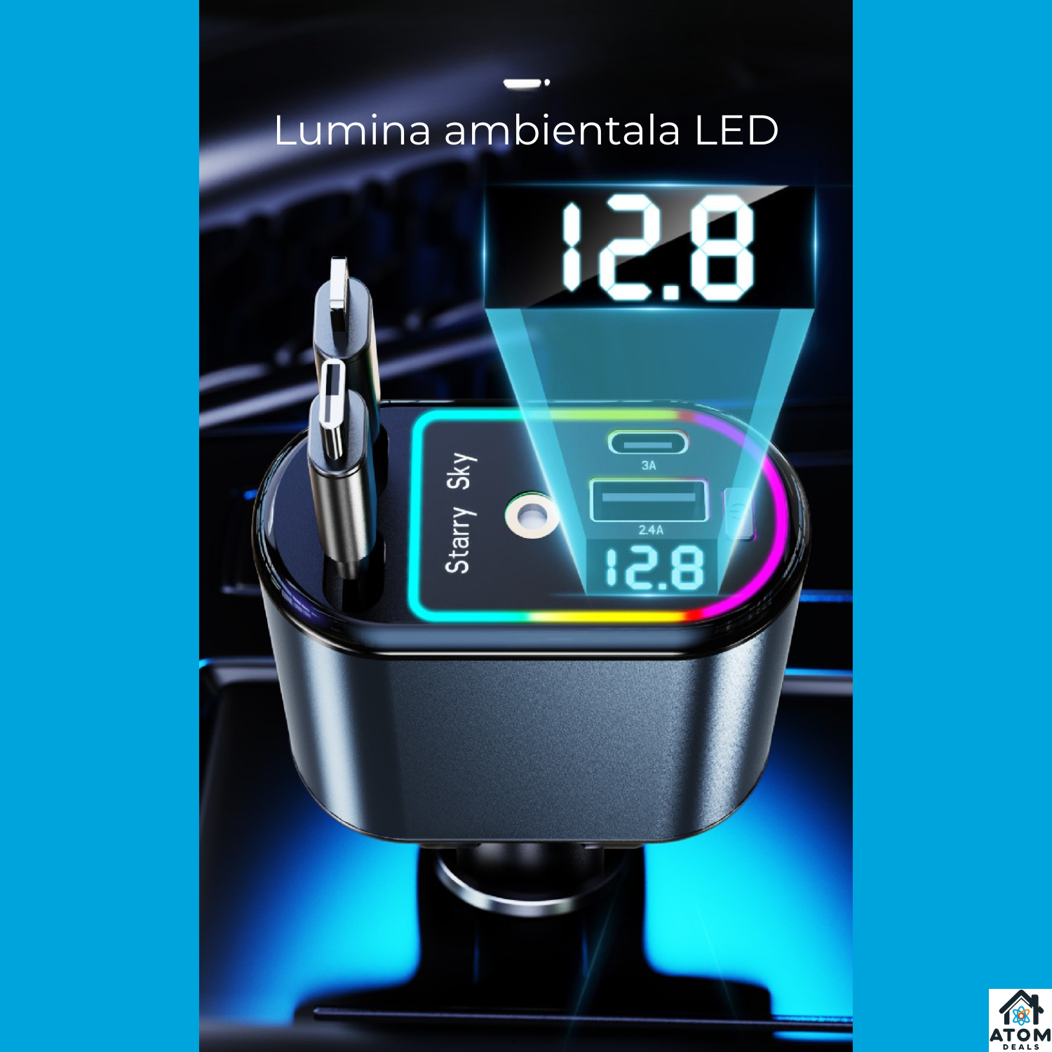 Incarcator auto 3-in-1 ATOM Deals® 120W cu cablu retractabil, Type-C + Lightning, afisaj LED, fast charging, negru ATOM Deals