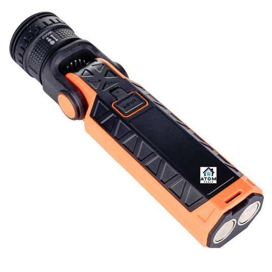 Lanterna LED multifunctionala ATOM Deals®, 1000 lm, reincarcabila USB-C, magnetica, zoom reglabil, SOS, IP54, 3000 mAh, negru/portocaliu