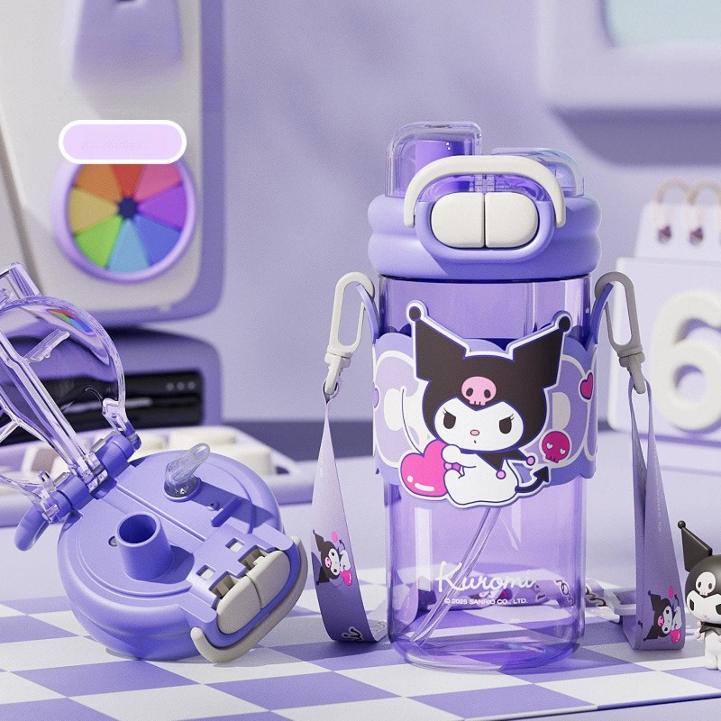 Sticla de apa pentru copii ATOM Deals® design Kuromi, 650 ml, tritan, sistem dublu de baut, rezistenta la cadere, inchidere etansa 360°, material tritan ecologic, BPA-Free, sistem pentru transportat