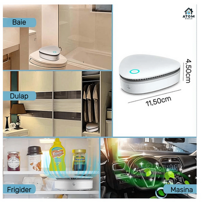 Sterilizator portabil cu ozon ATOM DEALS®️, purificator de aer pentru frigider, dulap, masina, birou, eliminare mirosuri si bacterii, reincarcabil USB, fara baterii, tehnologie UV