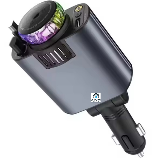 Incarcator auto rapid ATOM Deals® 5-in-1, 45W PD & QC3.0, USB-C fast charging, cablu retractabil, difuzor parfum auto, protectie multipla, negru