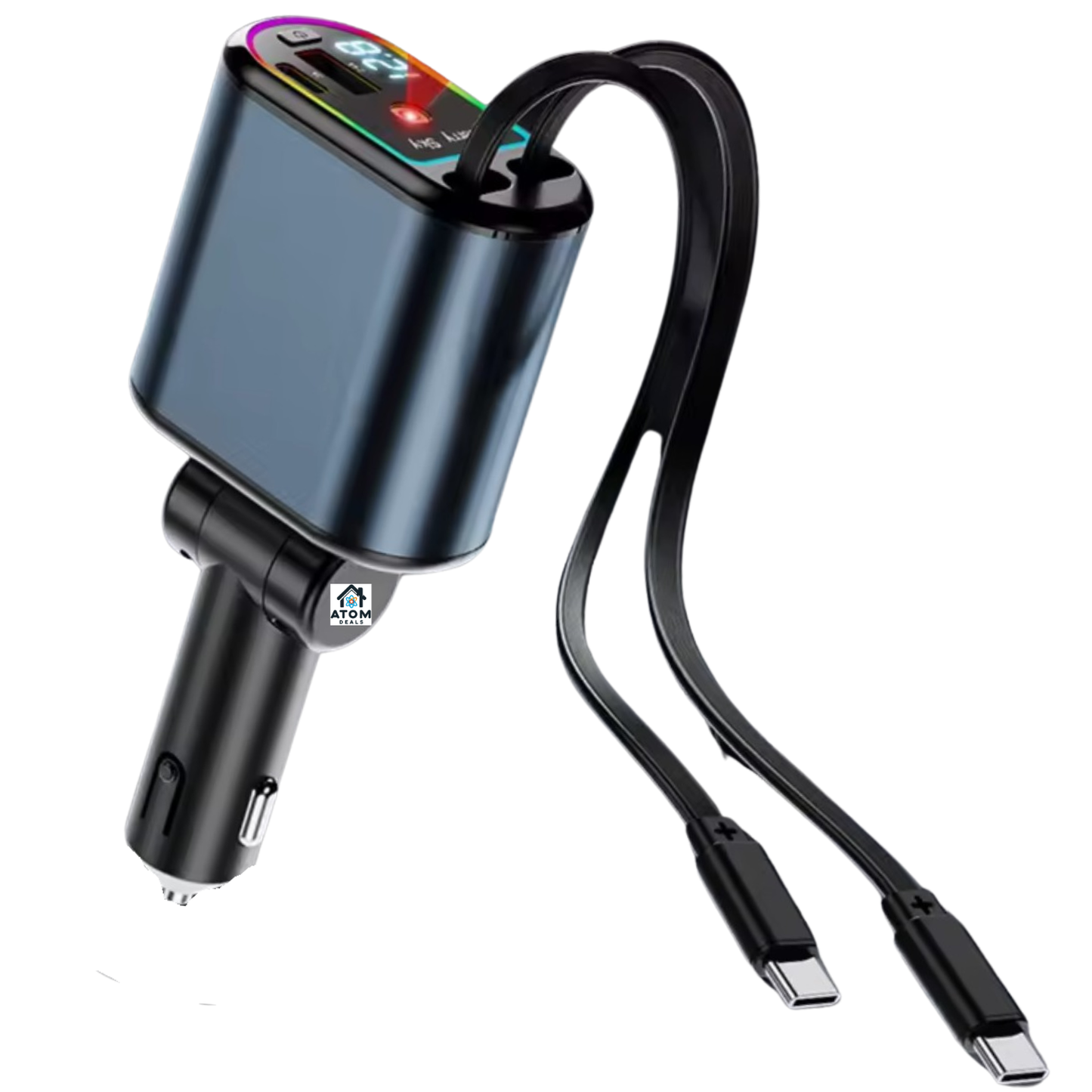 Incarcator auto 3-in-1 ATOM Deals® 120W cu cablu retractabil, Type-C + Lightning, afisaj LED, fast charging, negru ATOM Deals