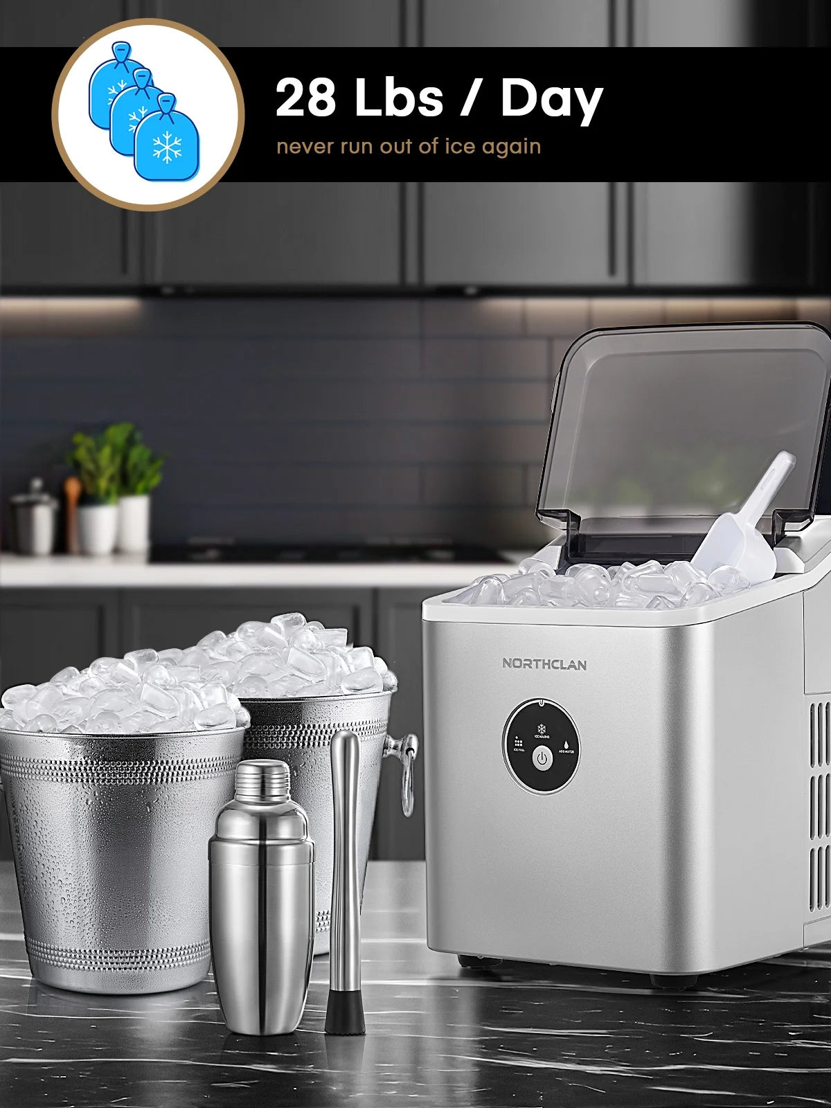 Ice Maker Countertop, 9 Bullet Ice in 5 Minutes, 28 Lbs Ice in 24 Hrs, Black