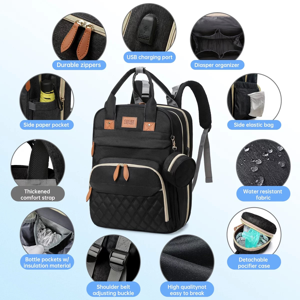 Diaper Bag Backpack, Multifunction Baby Bag with Changing Station, Large Capacity Diaper Bags W/ Foldable Crib & Insulated Pocket, Portable Waterproof Backpack, USB Charging Port&Stroller Straps,Black