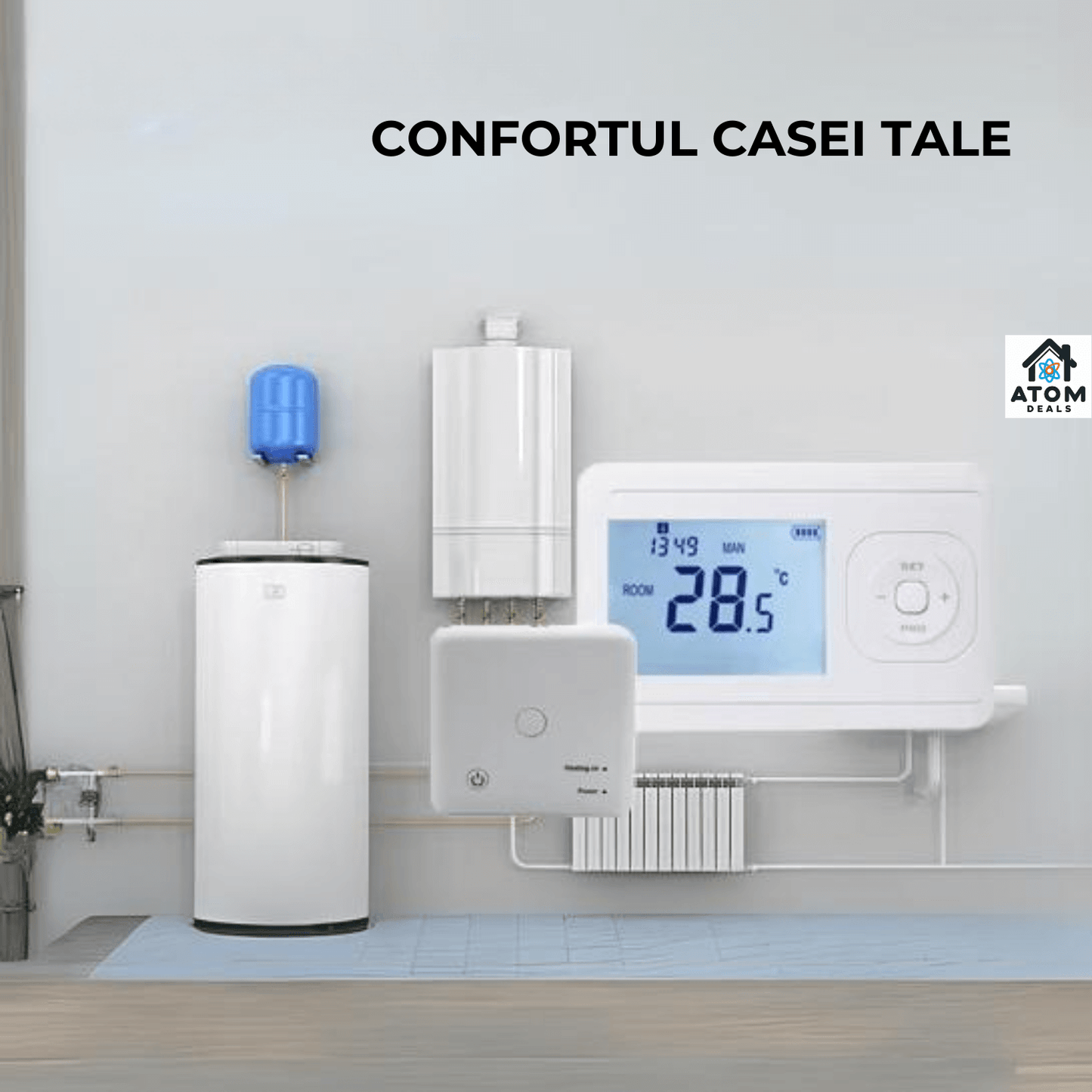 Termostat Wireless ATOM DEALS®️, control temperatura pentru sistem incalzire centrala gaz, programabil saptamanal,montaj pe perete, control temperatura, AC220V, 10A, alimentare cu 2 Baterii AA, ideal pentru apartament, hotel, birou, alb