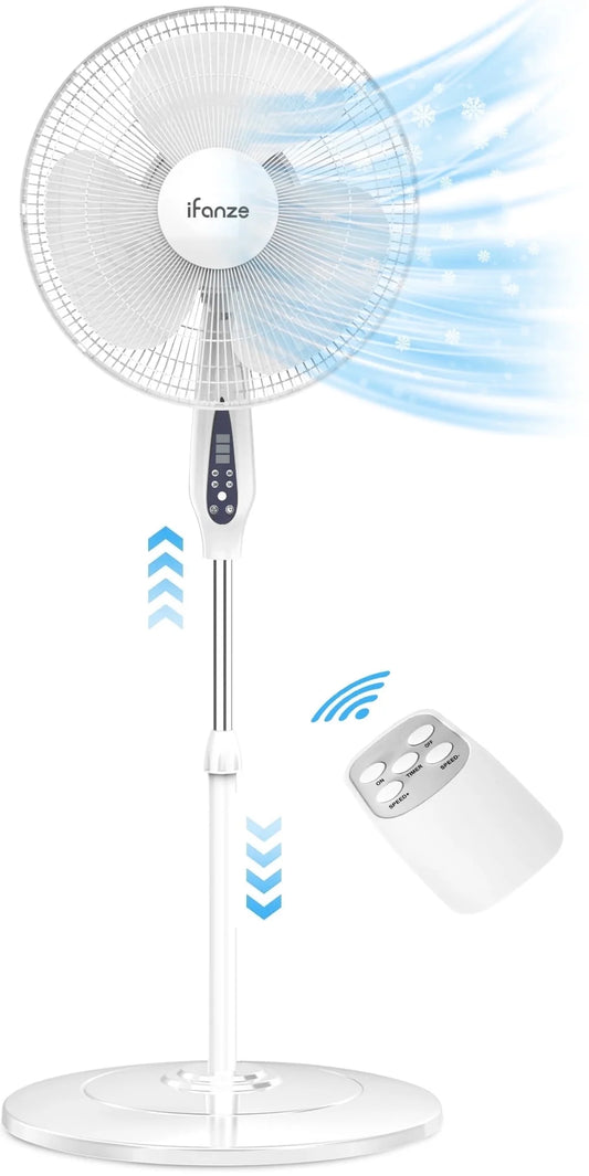 Pedestal Fan, 16" Adjustable Oscillating DC Standing Fan with Remote, 3 Speeds, Less Noise Cooling Fan, White