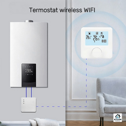 Termostat de ambient wireless ATOM DEALS®️, HY06RF pentru centrale pe gaz, programabil saptamanal, mod vacanta, control digital, precizie ±0.5℃, ecran LCD retroiluminat, alimentare cu 2 Baterii AA