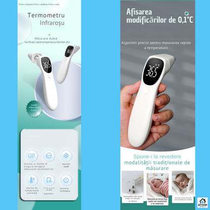 Termometru infrarosu digital 2in1 ATOM DEALS®️, frunte si ureche, pentru copii si adulti, masurare non-contact 1 secunda, precizie ±0.2°C, 32 memorii, afisaj LED, compact si usor, capac protectie, alb
