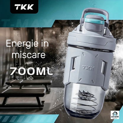 Shaker sport 700 ml – Tritan fără BPA, capac etanș, marcaje dozaj, gri/portocaliu